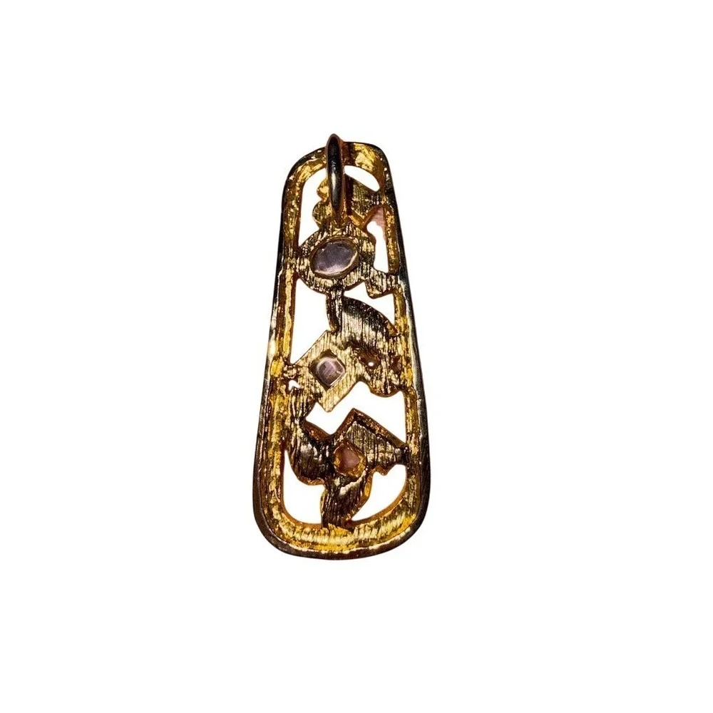 Vintage Art Deco Pendant Gold Tone Rectangle Purple Cabochon Rhinestone‎